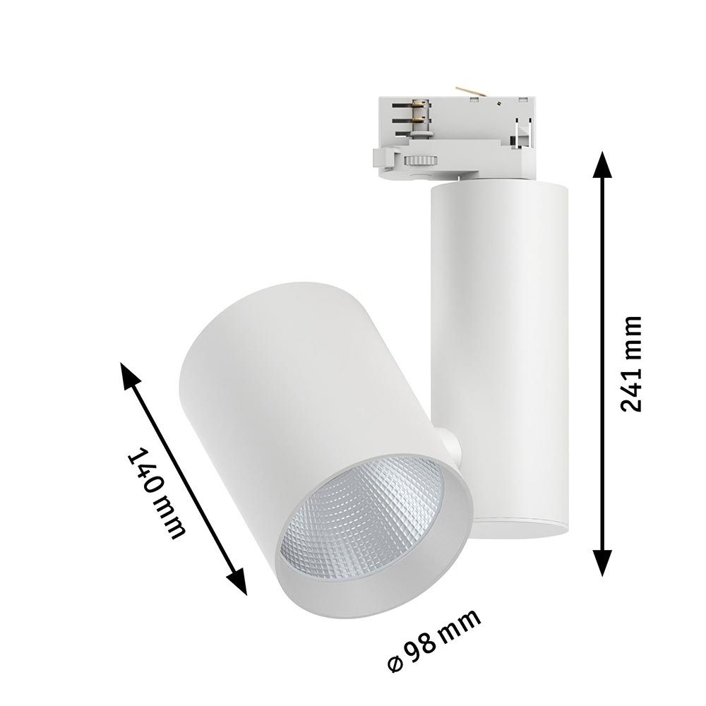 ProRail3 LED Zeuz Schienenspot in Weiß mit 15° Ausstrahlwinkel und dimmbarer Funktion, Abmessungen 98mm x 140mm x 241mm.