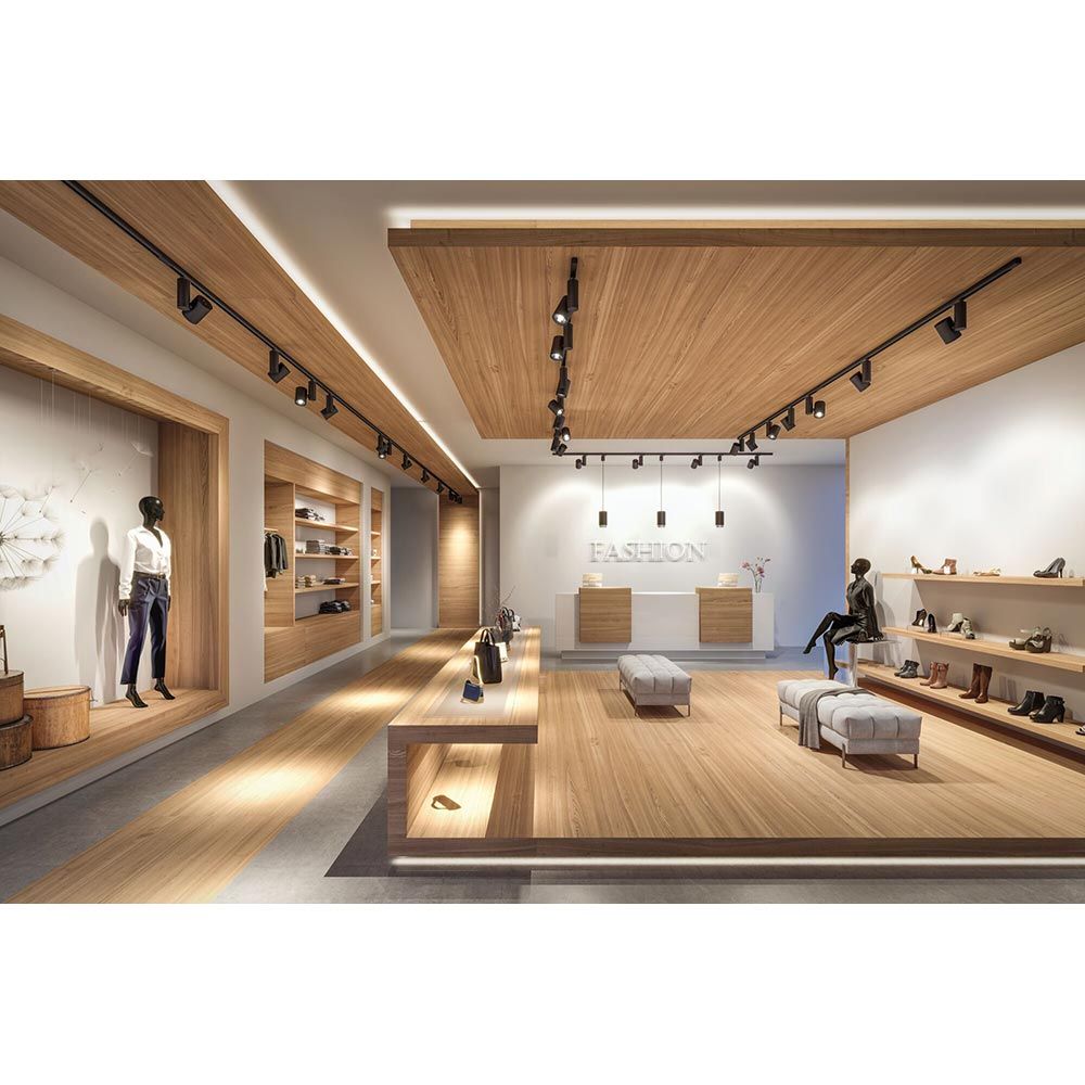 Moderne Modeboutique mit ProRail3 LED Schienenspots, Holzdekor und stilvoller Beleuchtung.