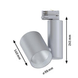 ProRail3 LED Schienenspot Zeuz in Silber, dimmbar, mit Präzisionslinse und Ausstrahlwinkel von 40°, Maße: 98mm x 140mm x 241mm.