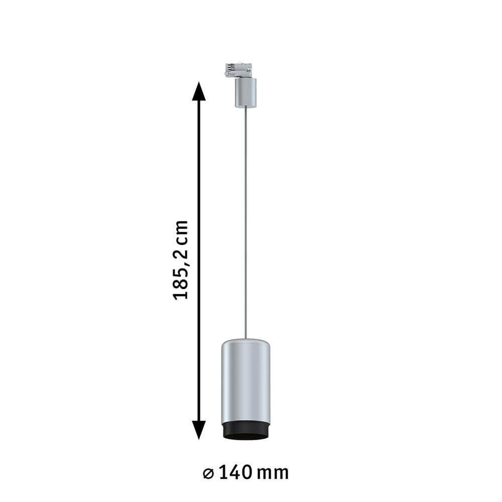 ProRail3 Pendelleuchte Corus Silber mit Stoffkabel, Maße: 185,2 cm hoch, Ø 140 mm, ideal für hohe Räume.