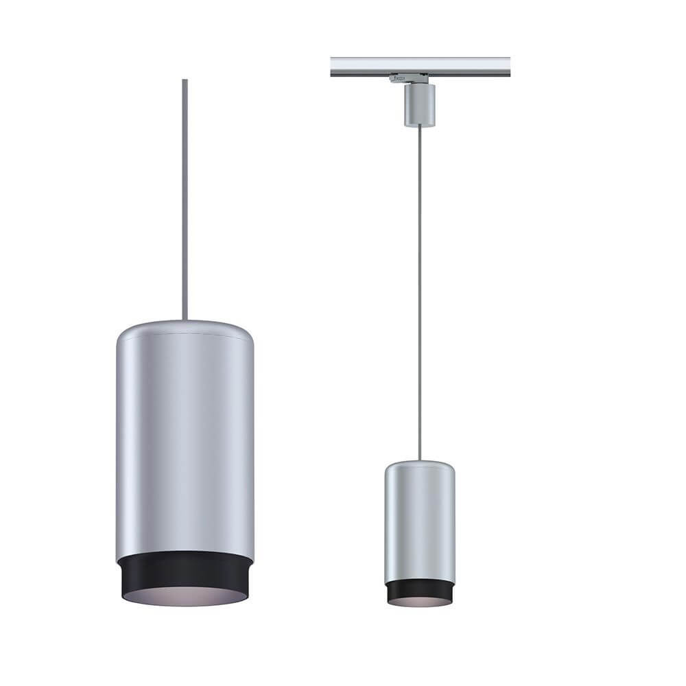 ProRail3 Pendelleuchte Corus Silber mit Aluminium-Korpus und Stoffkabel für hohe Räume.