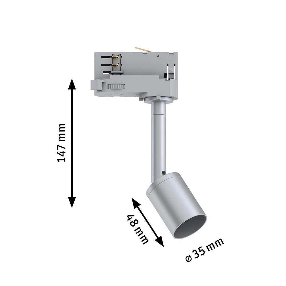 ProRail3 Schienenspot Purell Silber, Chrom mit Abmessungen 147 mm, 48 mm und Ø 35 mm für flexibles Lichtdesign.