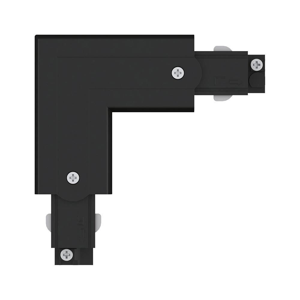 Schwarzes ProRail3 L-Stück Verbinder für flexible 3-Phasen-Schienensysteme in Verkaufsräumen und Gastronomien.