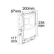 Technische Zeichnung eines LED-Fluters mit Abmessungen: 200mm x 235mm x 67mm und 117mm.