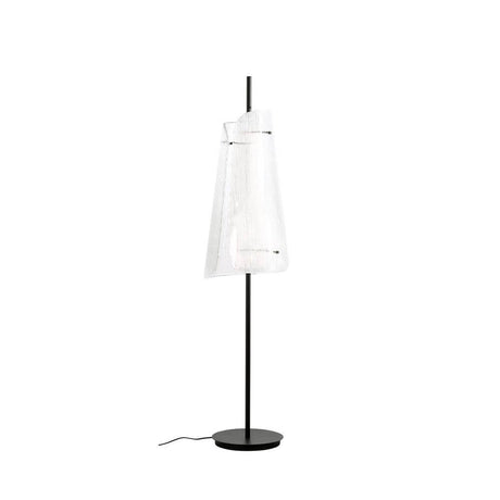 Pulpo LED Bent Two Glass floor lamp on a black frame with transparent glass weave.