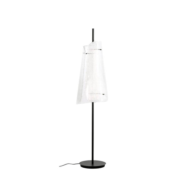 Pulpo LED Stehlampe Bent Two Glass auf schwarzem Rahmen mit transparentem Glasgewebe.