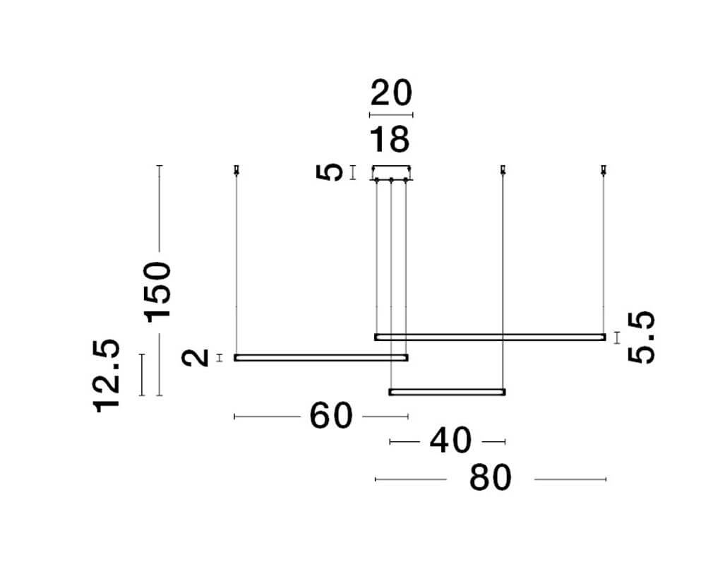 Technische Zeichnung der Purple LED Pendelleuchte, Maße: 150cm Höhe, 60cm Breite, 5,5cm Tiefe.