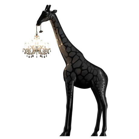 Giraffe in Love M floor lamp 265 cm, black giraffe with a chandelier in its mouth.
