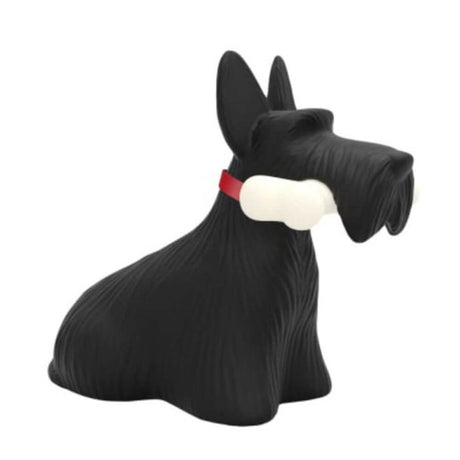 Scottie LED rechargeable floor lamp dog in the shape of a black Scottie with a bone in its muzzle.