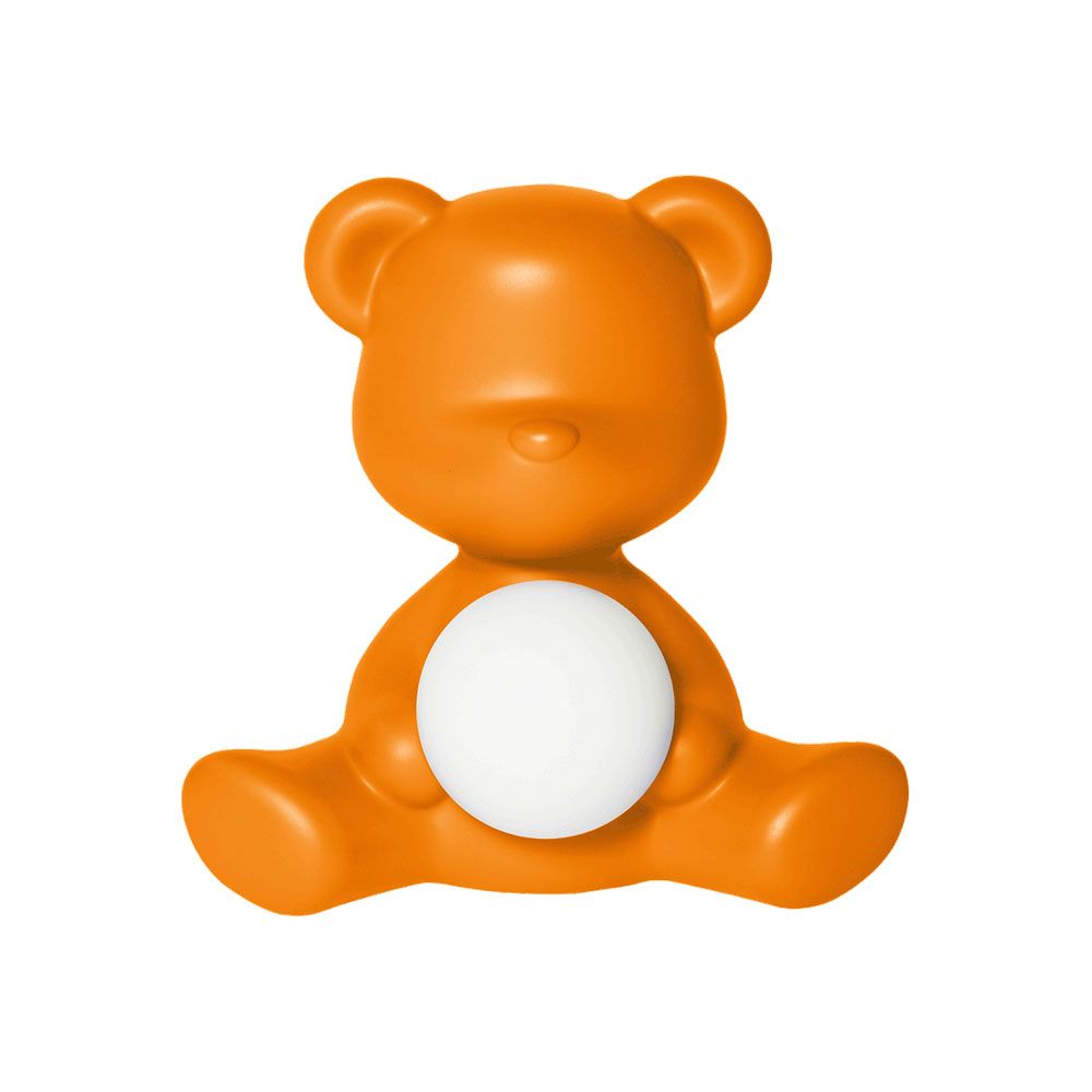 Teddy Girl Akku Tischleuchte in Orange, kabellose Tischlampe im Bären-Design mit leuchtender Kugel.