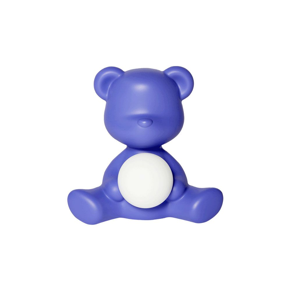 Teddy Girl Akku Tischleuchte in lila, entworfen von Stefano Giovannoni, mit kleiner leuchtender Kugel.