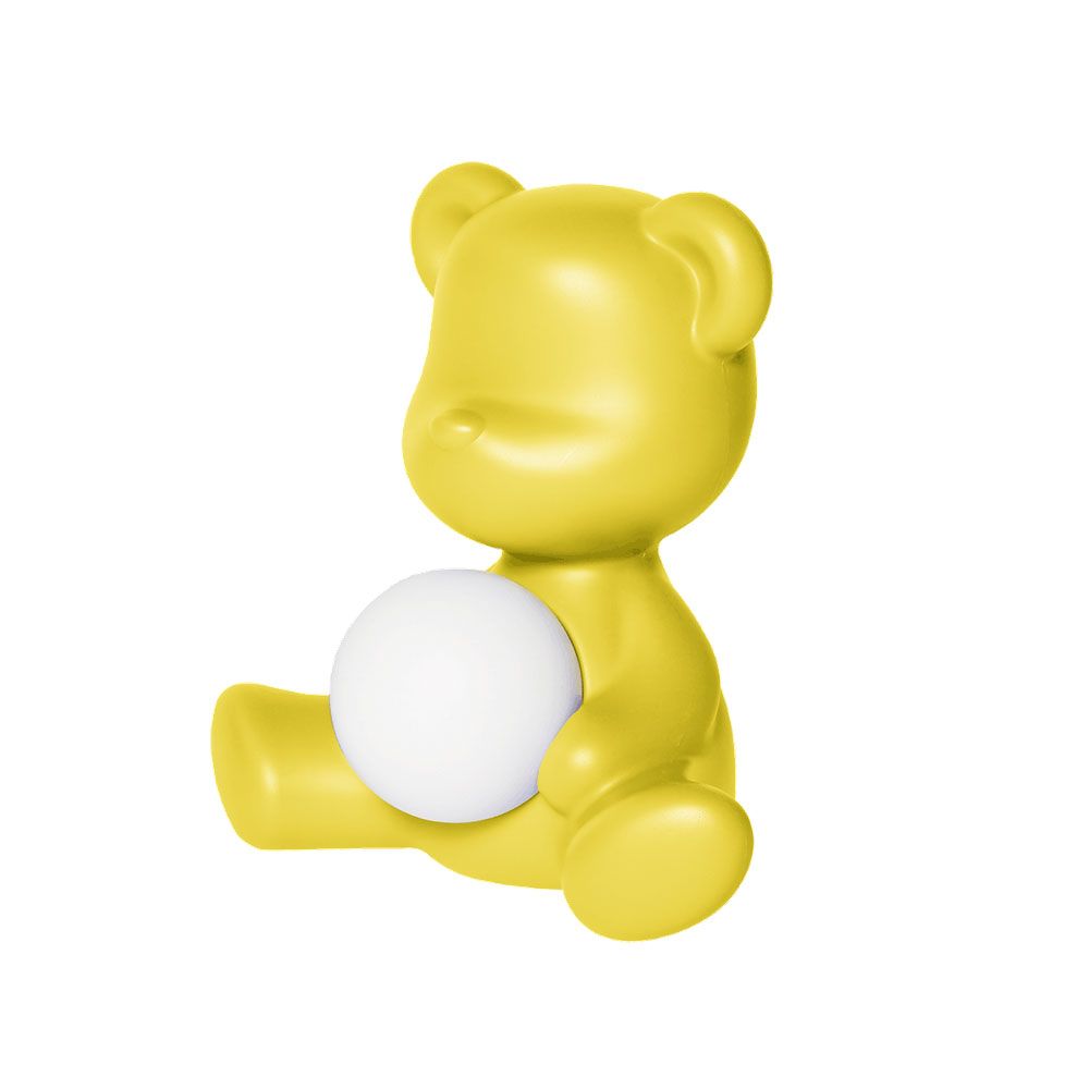 Teddy Girl Akku Tischleuchte in gelb mit leuchtender Kugel, designed von Stefano Giovannoni.