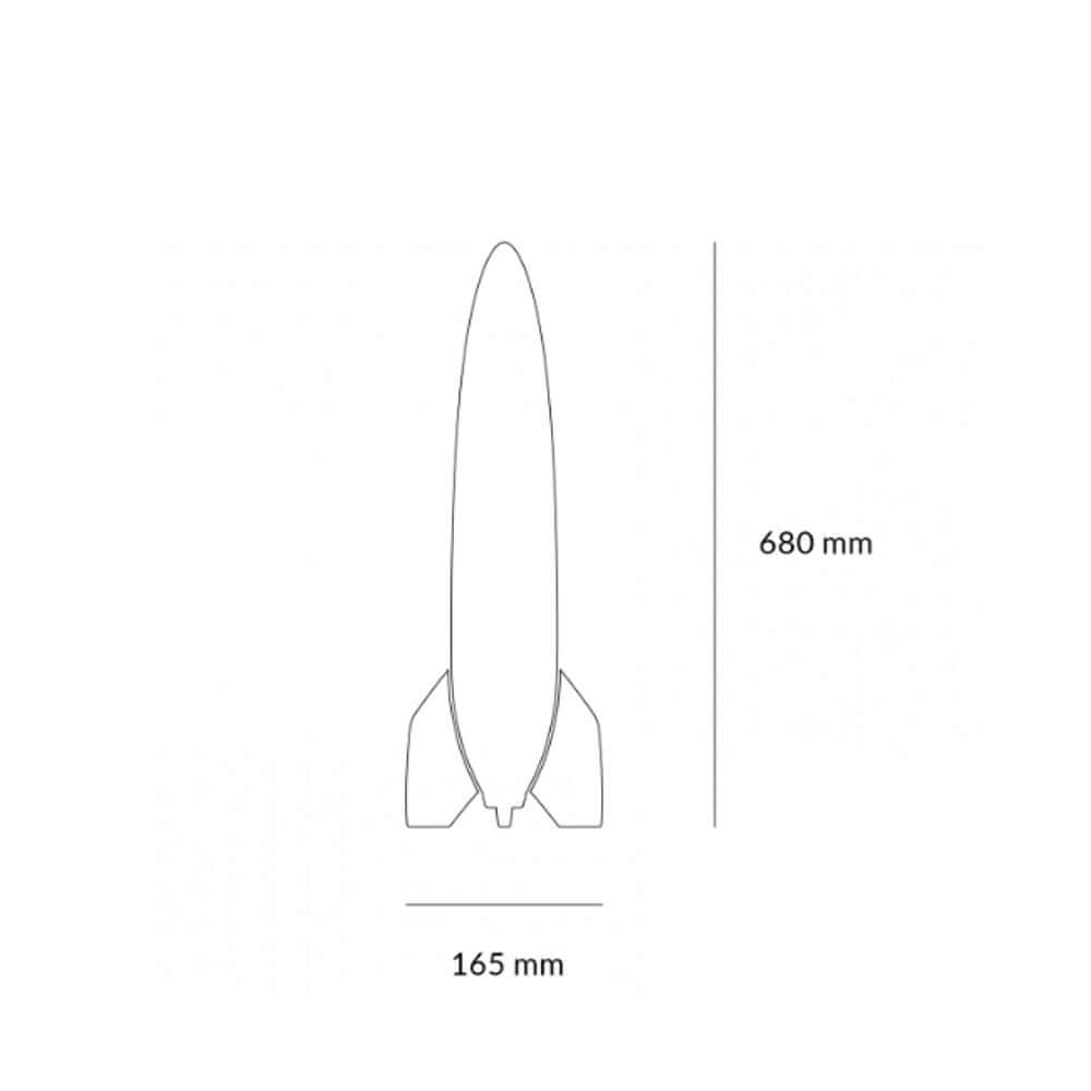 Skizze der V-2 Schneider Rakete Tischleuchte mit Abmessungen 165 mm x 680 mm.