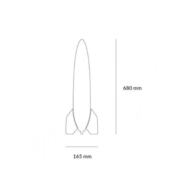 Skizze der V-2 Schneider Rakete Tischleuchte mit Abmessungen 165 mm x 680 mm.