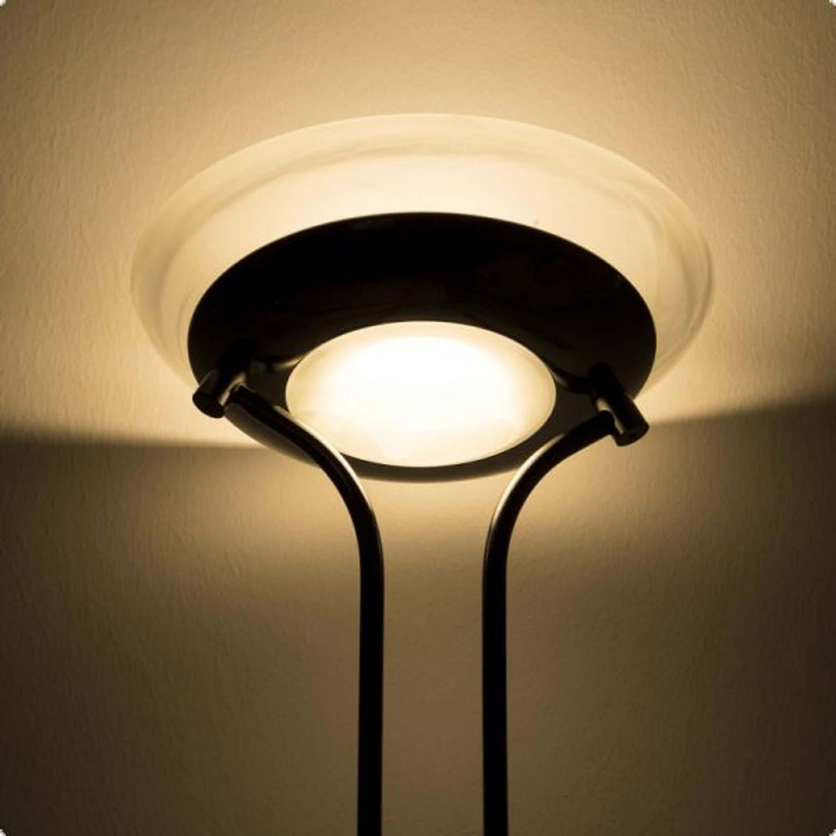 R7s LED Stab Warmweiß 78mm 360° 500lm 5W in einer modernen Stehlampe mit schöner Glaskuppel.