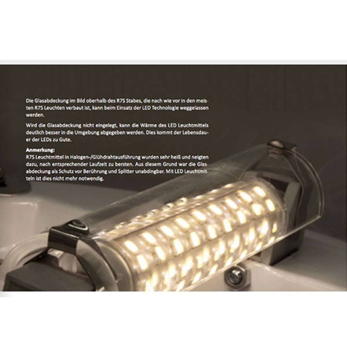 R7s LED Stab Warmweiß 78mm 360° 500lm 5W mit transparenter Abdeckung und LED-Beleuchtung