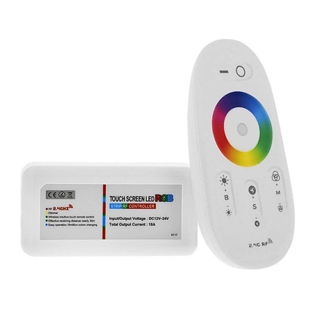 RGB Radiocontroller med fjernbetjening 12V-24V op til 24A, styring for RGB-LED-Strips med touchskærm og valg af farver.