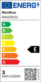 Energieeffizienzlabel für Nordlux Leuchten, entspricht Klasse E, Verbrauch 3 kWh/1000h.