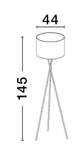 Maßzeichnung der Retro Stehlampe Schwarz mit Höhe 145 cm und Durchmesser 44 cm.