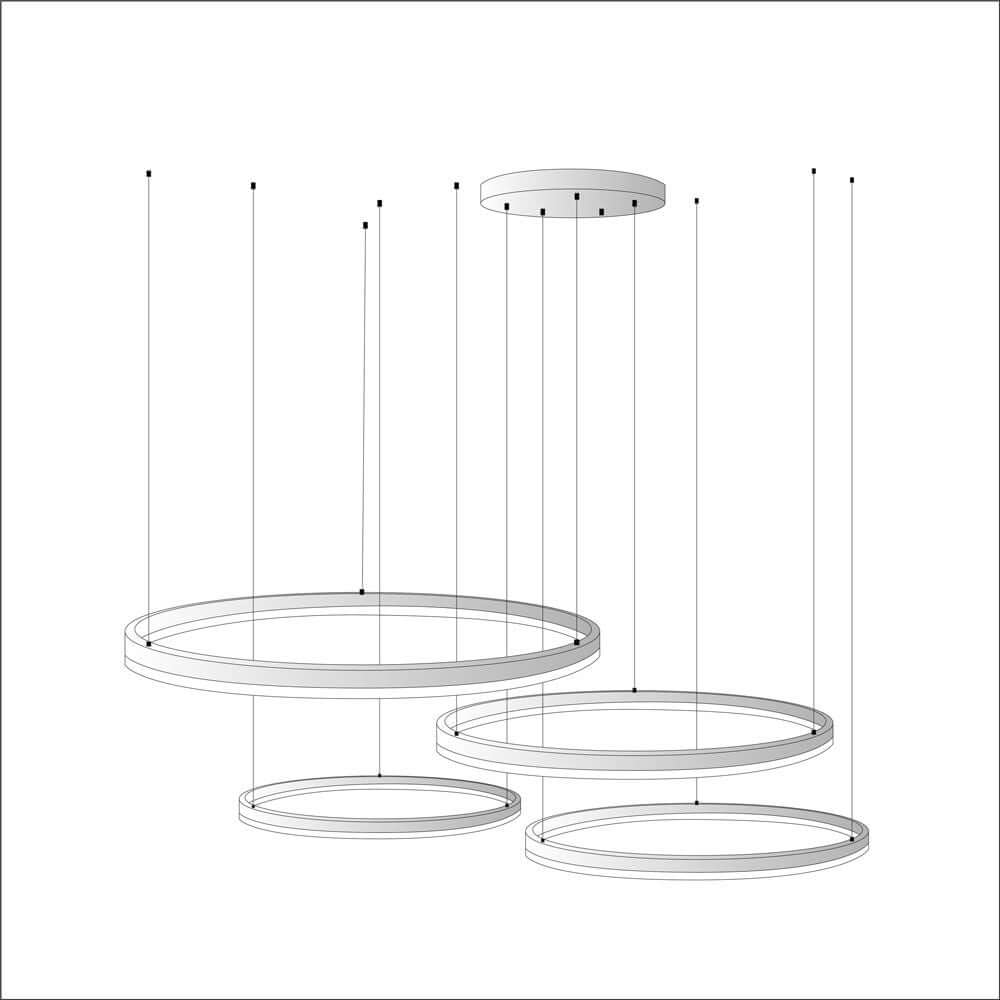 s.luce Ring Umbau exzentrisch, moderne Hängeleuchte, 4 Ringe in verschiedenen Größen, minimalistisches Design, ohne LED-Ringe.