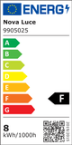 Energielabel für Nova Luce, 9905025, zeigt Effizienzklasse F und Verbrauch von 8 kWh/1000h.