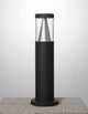 Rock LED Außenpollerleuchte 3000K Schwarz IP65 auf grauem Untergrund, modernes Design aus Aluminium und Glas.