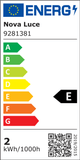 Energielabel für Nova Luce Tischleuchten, E-Klasse, Energieverbrauch 2 kWh/1000h.