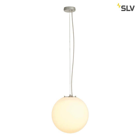 RotoBall 40 Pendelleuchte Weiß E27 max. 24W, kugelförmige SLV Pendelleuchte mit silbergrauem Stahlhalterung.