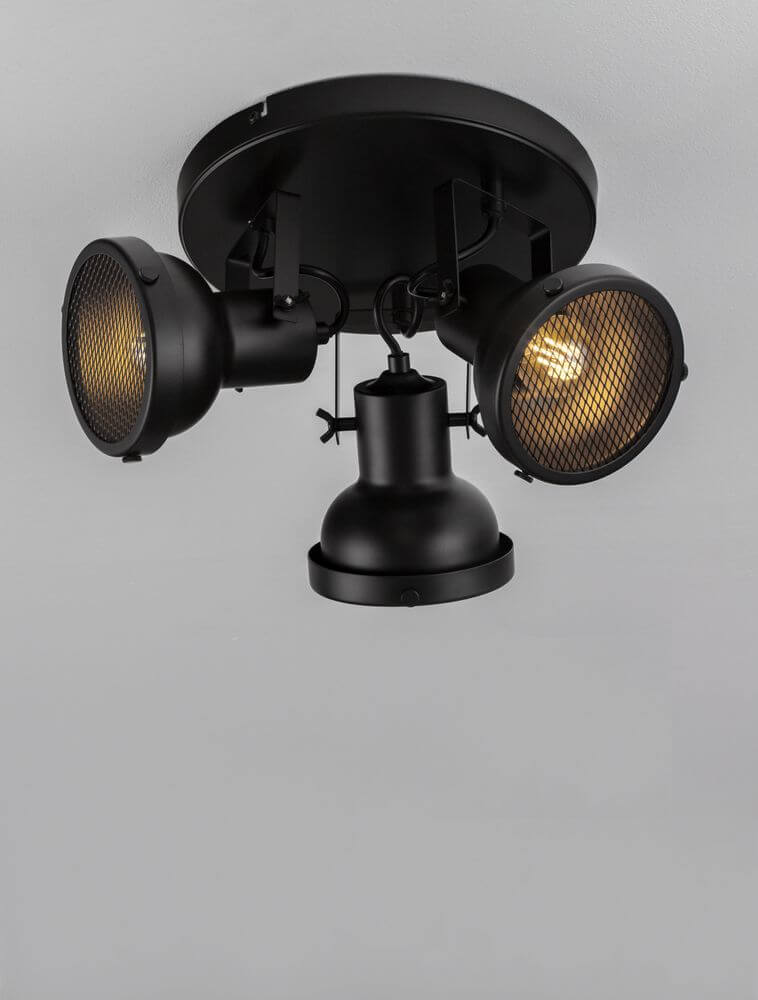 Ruvi Deckenleuchte GU10 3-flammig Ø 24cm Schwarz mit industriellem Design und mattem Schwarzfinish.