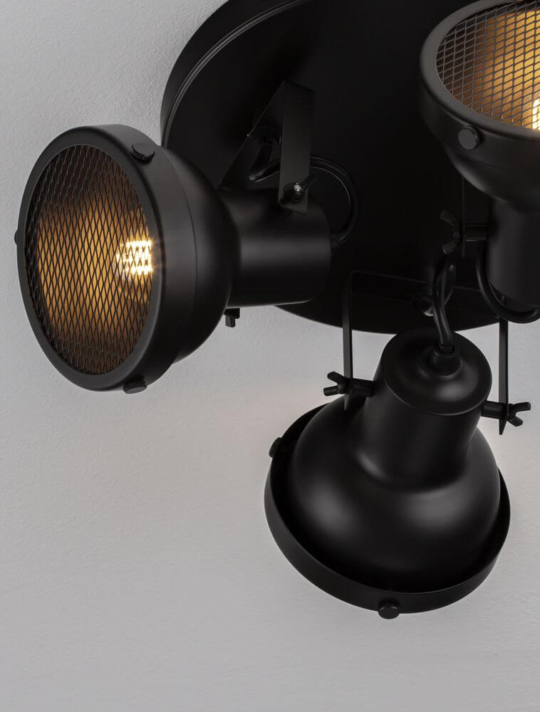 Ruvi Deckenleuchte GU10 3-flammig Ø 24cm Schwarz Detailansicht mit industriellem Design.