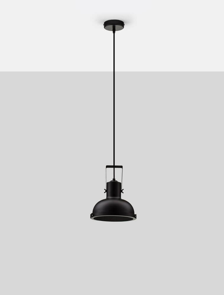 Ruvi Pendelleuchte E27 Ø 22cm Schwarz in modernem Industrial-Design über grauem Hintergrund