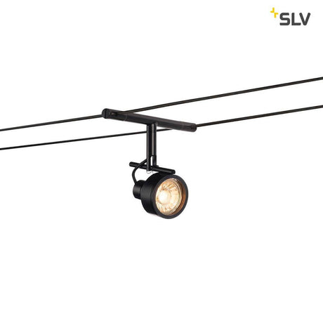 Saluna cable light for Tenseo 12V cable system QR-C51 Black mounted on a low-voltage cable system.