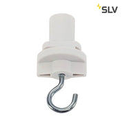 Weißer 3-Phasen Adapter mit Metalhhaken für S-Track Schiene, Frontalansicht