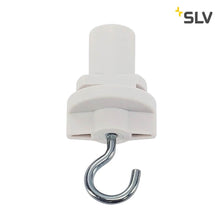 Weißer 3-Phasen Adapter mit Metalhhaken für S-Track Schiene, Frontalansicht