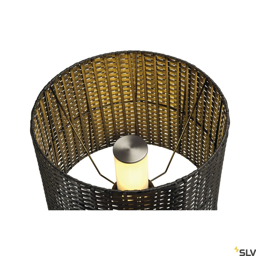 Obenansicht von der Adegan Manila Outdoor Stehlampe aus Rattan, IP44, mit warmem Licht und modernem Design.