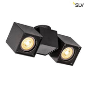 Applique en saillie Altra Dice Double QPAR51 noir avec deux têtes de luminaire orientables et pivotantes.
