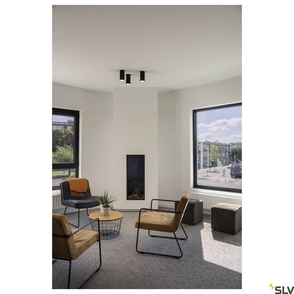 Moderne Wohnzimmeransicht mit ANELA Leuchte und stilvollen Möbeln, präsentiert den Anela Reflektor 28° Weiß.