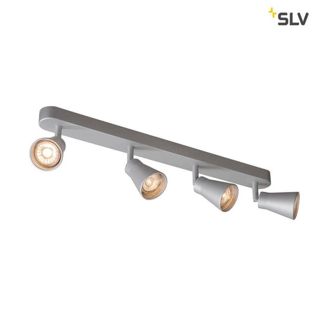 Avo Quad surface-mounted light in silver with four rotatable and swiveling light heads, made of aluminium.