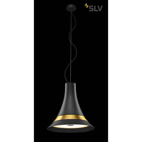 Bato 35 LED suspension noire, en laiton, élégamment suspendue avec une ligne d’accent dorée sur fond noir.