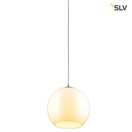 Big Sun 30 Pendelleuchte Weiß - große kugelförmige Pendelleuchte mit Glas-Leuchtenschirm und verchromter Halterung.