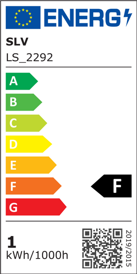 Energieeffizienzlabel SLV 2292, Klasse F, zeigt Verbrauch von 1 kWh pro 1000 Stunden.