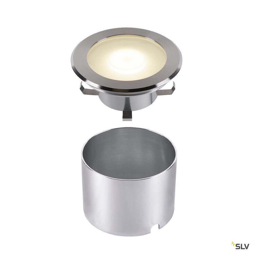 Dasar Flat 120 LED Bodeneinbauleuchte Edelstahl von SLV, mit gehärtetem Glas und drehbarer GU10 Fassung, ideal für Outdoor-Einsatz.