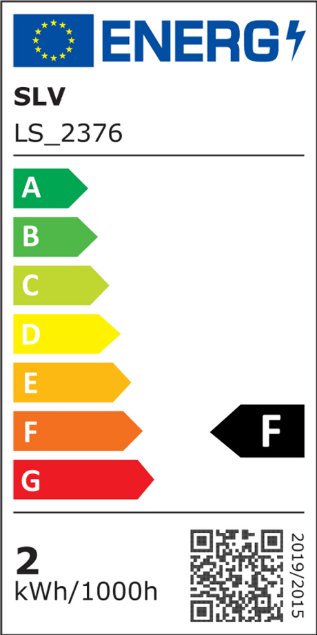 Energy efficiency label SLV LS_2376 with rating F, consumption 2 kWh/1000h.