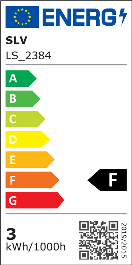 Energy efficiency label for SLV LS_2384, showing energy class F and energy consumption of 3 kWh/1000h.