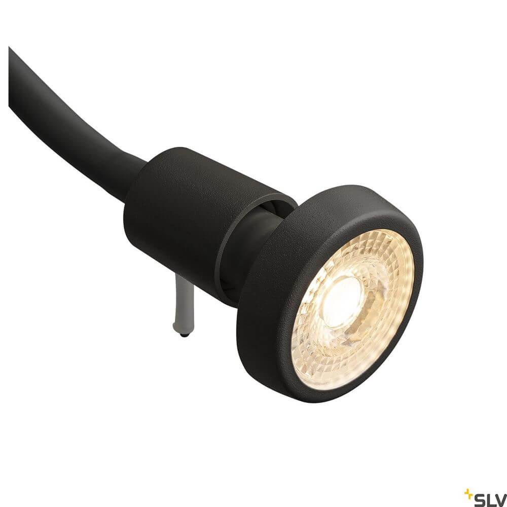 Dio Flex Plate QPAR51 Wandlampe Schwarz, schwarze Wandleuchte mit einem runden Lampenschirm und warmem Licht.
