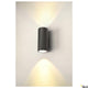 Enola Round Up&Down Outdoor LED Wandaufbauleuchte 2-flammig CCT an einer Wand montiert, mit warmem Licht und modernem Design.