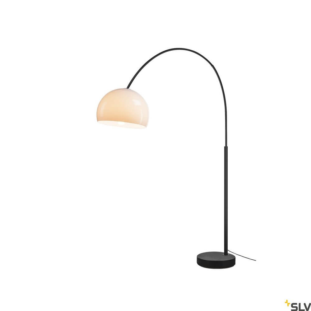 Fenda Bow Basis E27 Bogenleuchte Schwarz (ohne Schirm) – elegante schwarze Bogenleuchte mit runder Bodenplatte und hellem Schirmanschluss