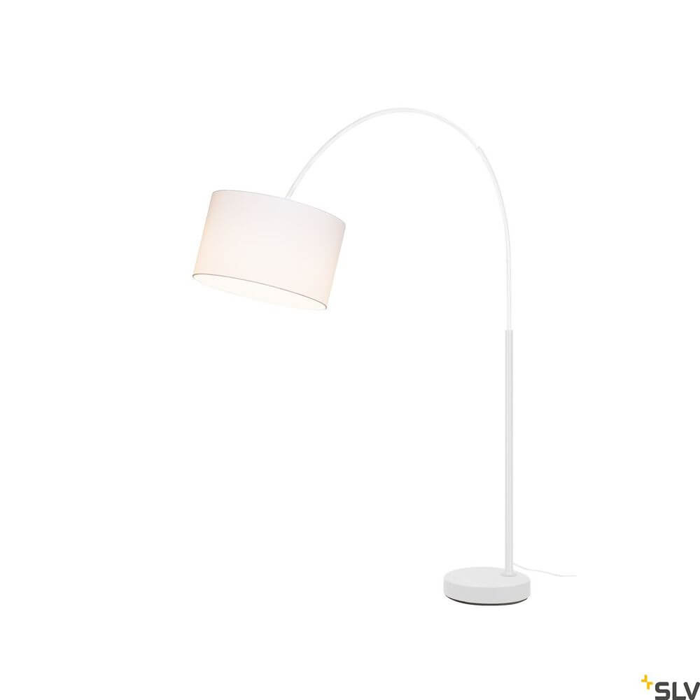 Fenda Bow Basis E27 Bogenlampe Weiß (ohne Schirm) mit schwenkbarem leuchtenden Schirm und massiver Basis.