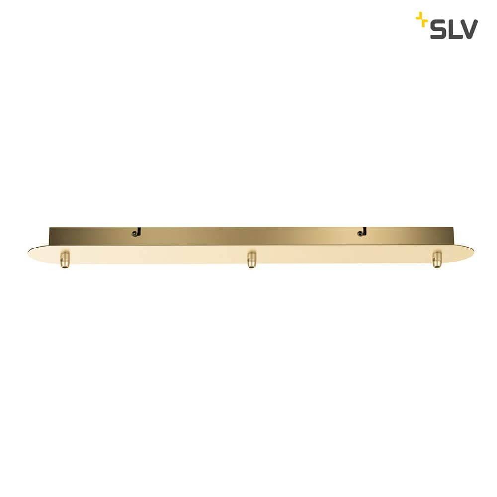 Längliche FITU Deckenrosette in Soft Gold mit drei Ausgängen für E27 Pendelleuchten.