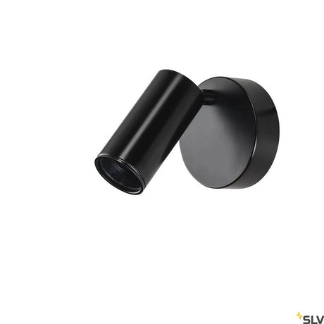 Fitu E27 wall spotlight black on a wall-mounted base in elegant black with a swiveling lamp head.